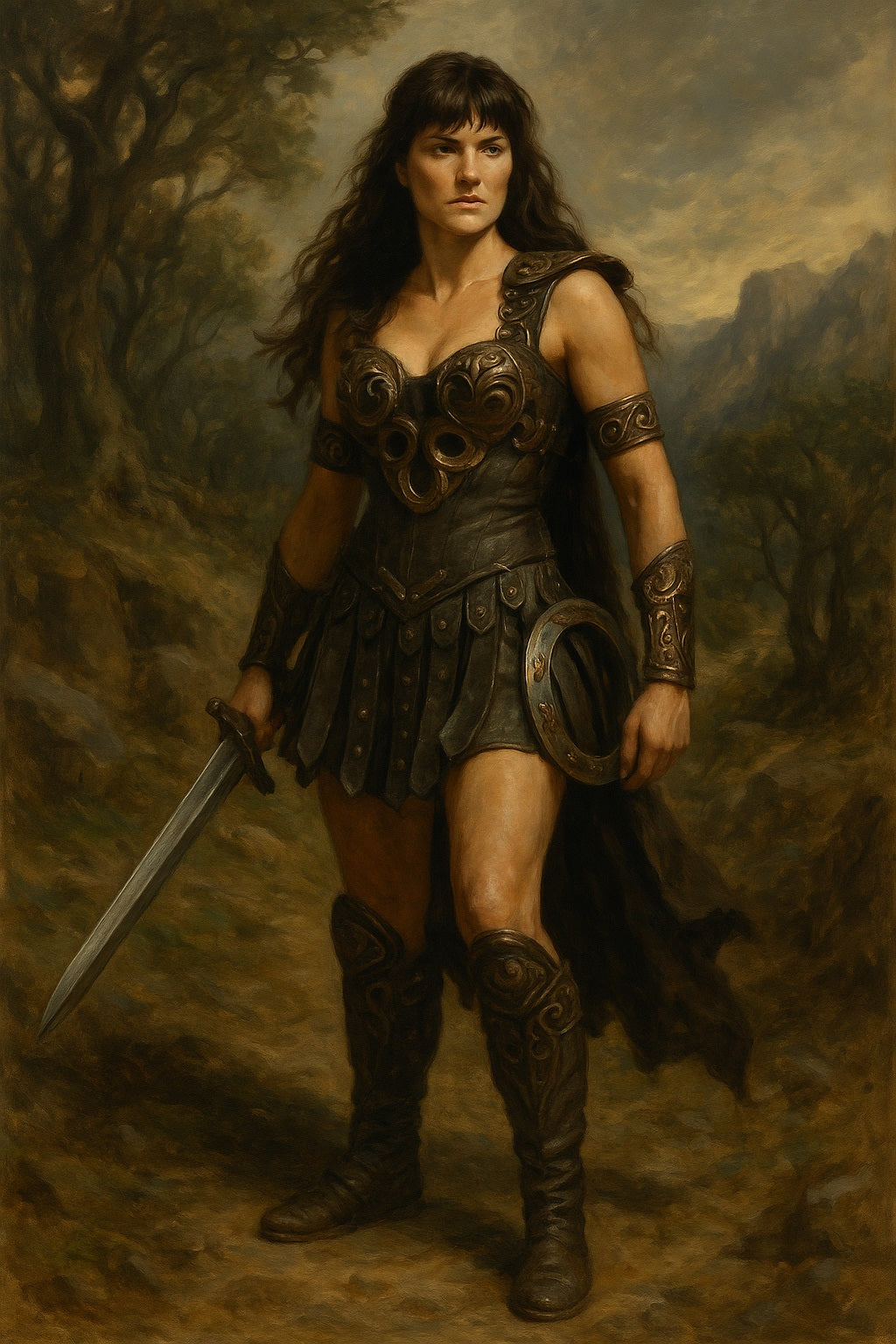 Retrato al óleo de estilo clásico de una guerrera inspirada en Xena, con armadura de cuero, espada y chakram, en un paisaje montañoso y boscoso.
