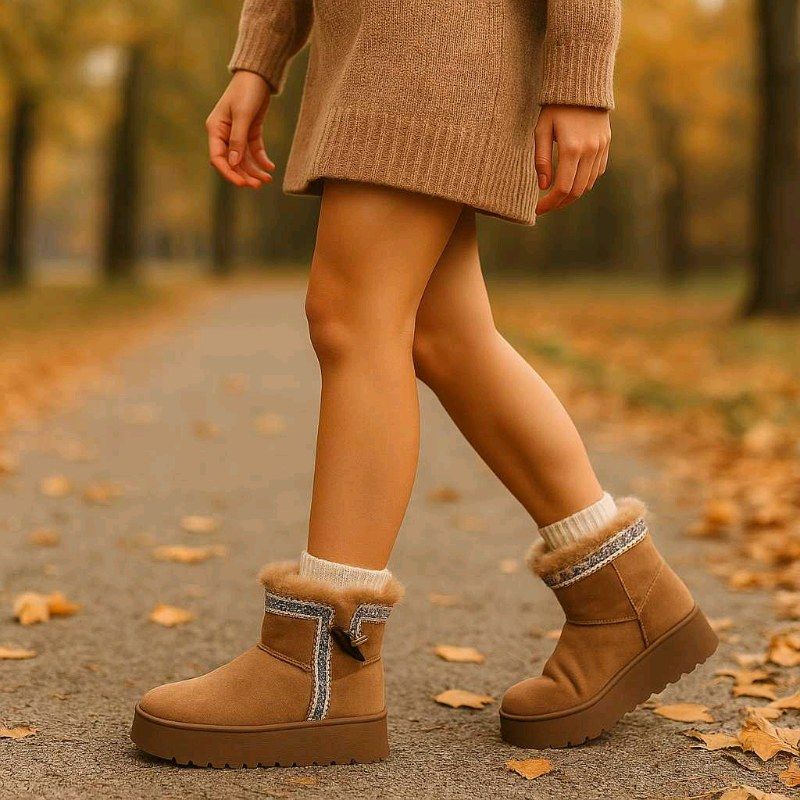 Botas con pelo marrones de mujer tipo botín, forro borreguito y suela plataforma, con vestido de punto corto en paseo de otoño